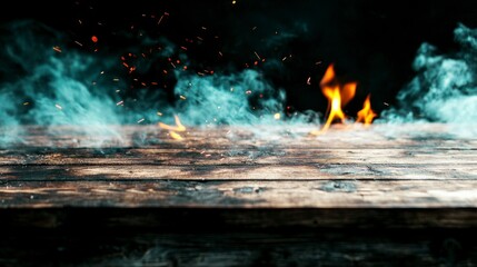 Rustic Wooden Table with Fire  Smoke  and Embers Background