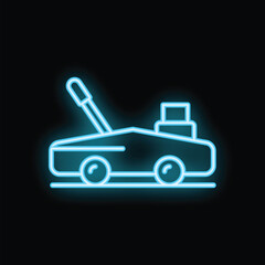 Glowing blue neon icon of a modern floor polisher cleaning and buffing on a black background