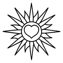 Heart-Shaped Sun Center Line Art