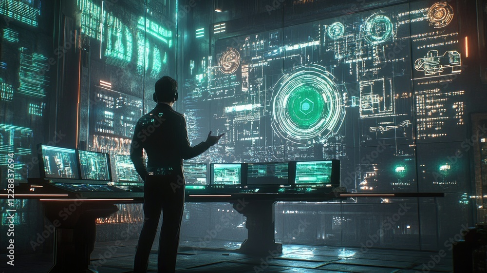 Poster professional explaining ai in a futuristic space with digital visuals and glowing tech interactions