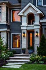 Luxury Modern Home Exterior at Night: Stunning Brick and Stone Facade, Landscaped Garden, and Elegant Entrance. Real Estate Photography