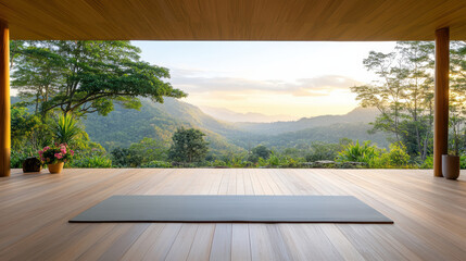 serene yoga space with view of mountains and sunrise