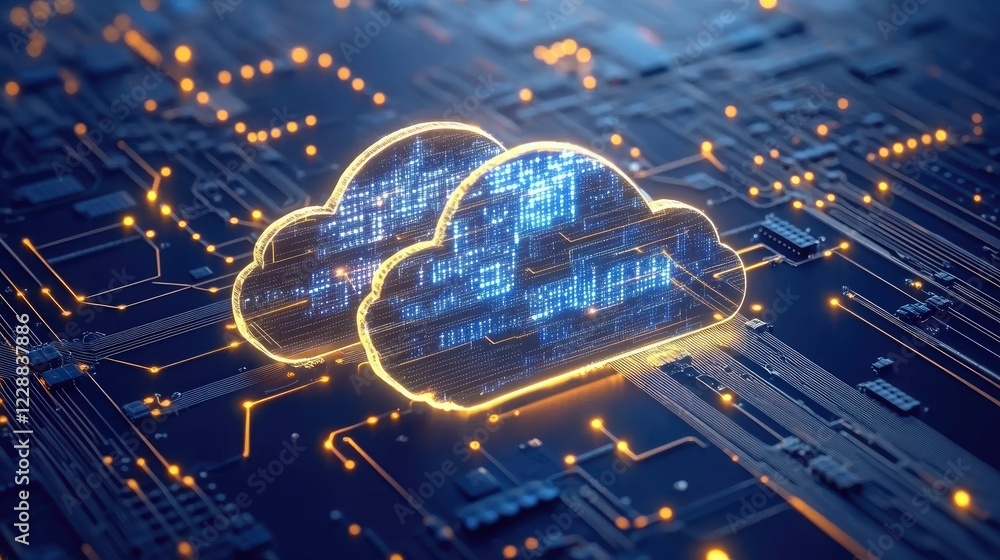 Poster representation of cloud computing with a glowing microchip and digital data streams in motion