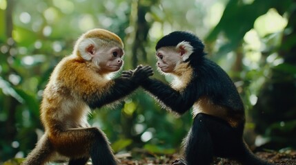 Naklejka premium Two Baby Monkeys Playing in Lush Green Rainforest