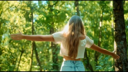 Free woman enjoying fresh air in a serene forest – happy girl with open arms embracing nature and wellness in 4k