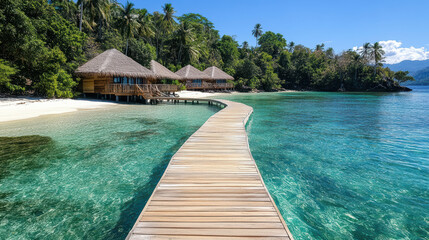 Fototapeta premium tropical wooden walkway leads to stunning overwater bungalows surrounded by clear water