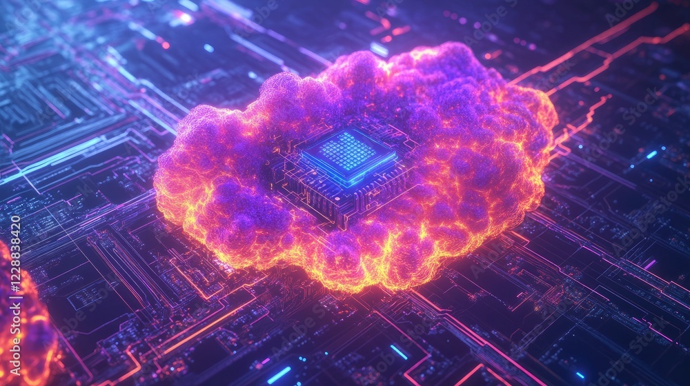 Poster vibrant image of a glowing cloud intertwined with a digital microchip on a futuristic tech backgroun