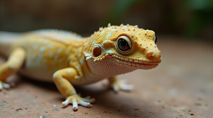 Fototapeta premium Close Up of a Yellow and White Crested Gecko Lizard Reptile Pet Adorable Exotic Animal Wildlife Nature Photography