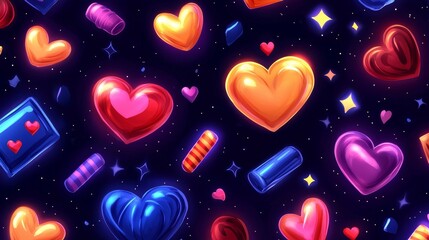 Cartoon style packaging with playful neon heart patterns, bold outlines, vibrant colors, cheerful mood