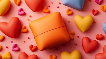 Cartoon style packaging with playful neon heart patterns, bold outlines, vibrant colors, cheerful mood