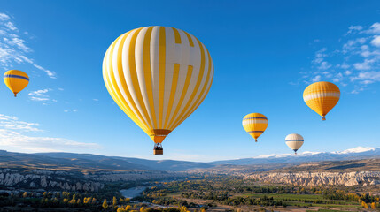 Obraz premium Vibrant hot air balloons soaring over scenic valley landscape
