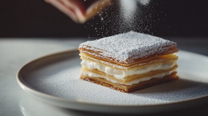 Pastry chef dusting mille-feuille dessert