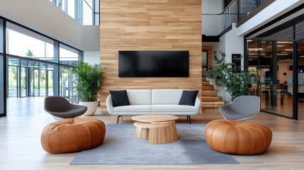Modern lounge area with stylish furniture and wooden accents