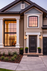 Luxury Home Exterior at Dusk: Modern Architectural Design, Landscaping, and Evening Lighting