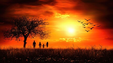 Fototapeta premium Family silhouette sunset field landscape, peaceful evening scene