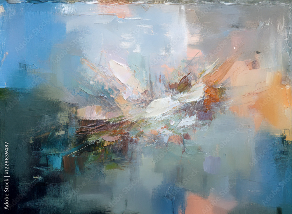 Poster an abstract oil painting showcasing a vibrant explosion of color and texture. cool blues and greens 