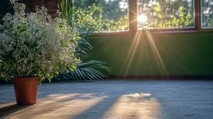 Sunlit Room  Potted Flowers  Green Background  Window Light  Peaceful Scene  Indoor Plants