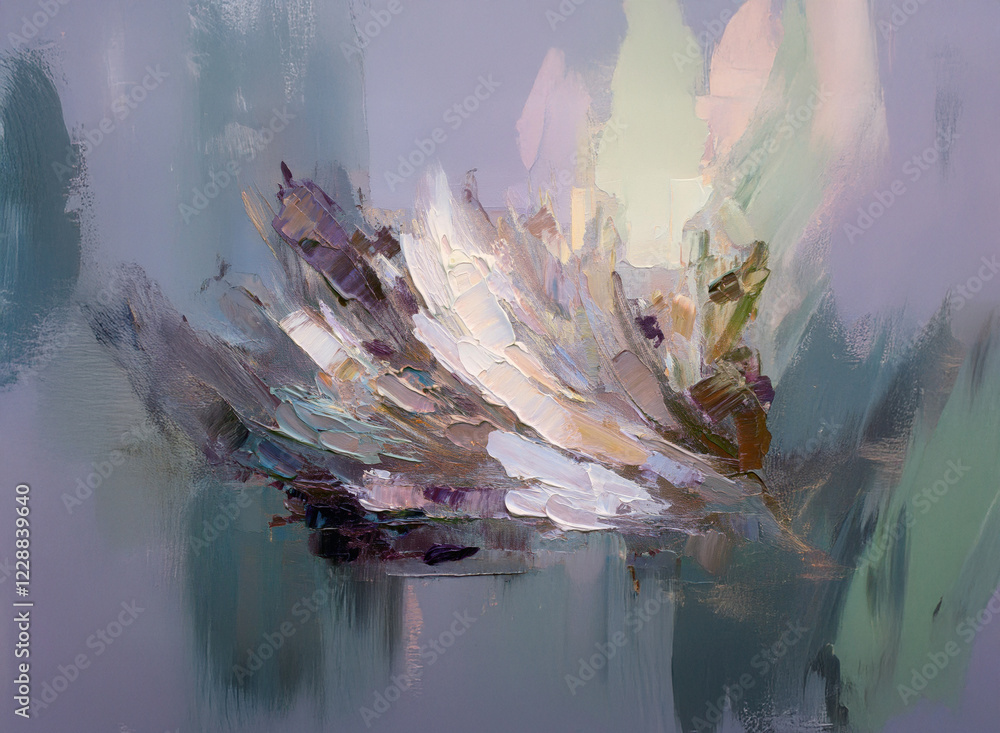 Poster abstract painting with soft, pastel colors. the artwork features a central, flower-like form with te