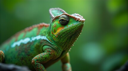 Stunning Close-Up of a Vibrant Green Chameleon in Lush Foliage  Nature Photography Wildlife Reptile Exotic Animal
