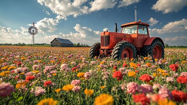 Vibrant tractor in a colorful flower field with a barn and windmill