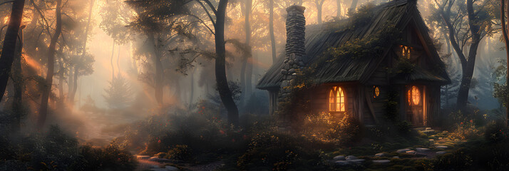 Obraz premium Enchanted Fairytale Forest and Cabin Under the Starlit Sky: A Mystical Haven for Stories Unraveling