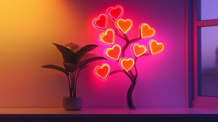 Creative window display with neon hearts arranged like a tree, glowing in vivid red and pink shades against a gradient background