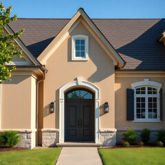 Obraz premium Elegant Home Exterior: Modern Architecture and Classic Design. Luxury Real Estate Property with Stunning Facade and Landscaping.