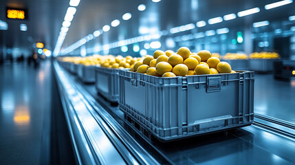 Crates of fresh mangoes ready for shipment at airport symbolizing global logistics modern minimalism with blurred background and blank caption space on side
