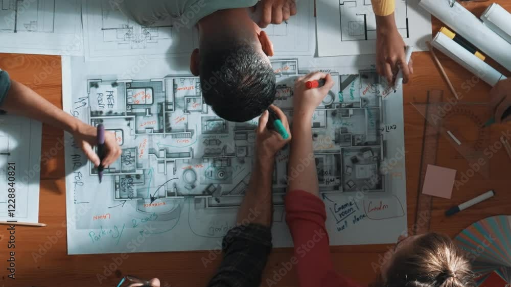 Poster top down view of civil engineer team writing at blueprint at meeting table with color palettes. grou