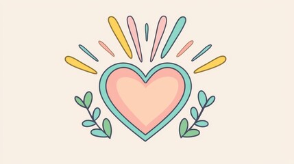 Cute neon heart logo with cartoon style light beams and pastel rainbow colors, ideal for playful product packaging