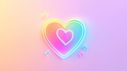 Cute neon heart logo with cartoon style light beams and pastel rainbow colors, ideal for playful product packaging