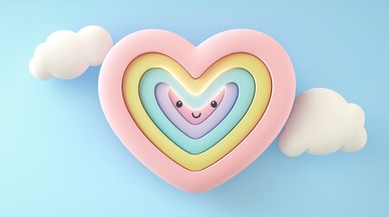 Cute neon heart logo with cartoon style light beams and pastel rainbow colors, ideal for playful product packaging