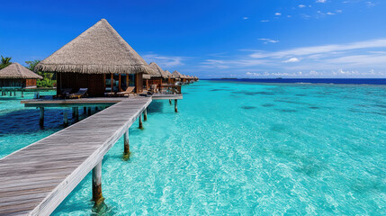 Obraz premium Luxurious overwater villas on turquoise lagoon with clear skies