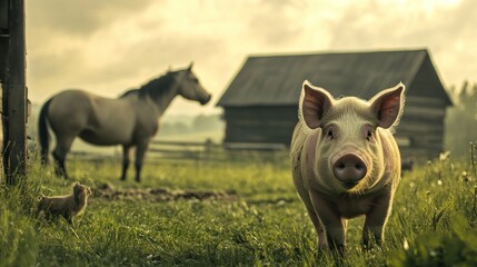Fototapeta premium Pig on farm, horse & barn background, rural sunset