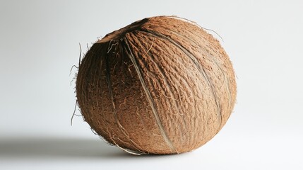 A single whole coconut with an intricate texture placed on a clean white background, perfect for tropical product campaigns.