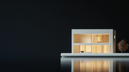 A sleek minimalist house in neutral cream and brown tones, isolated on a deep, dark background.