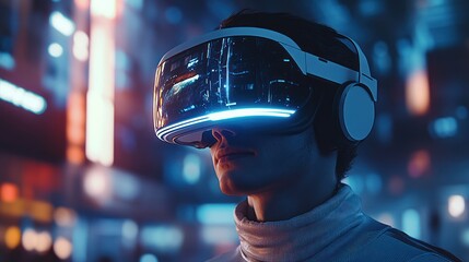 Futuristic VR headset user in vibrant city at night