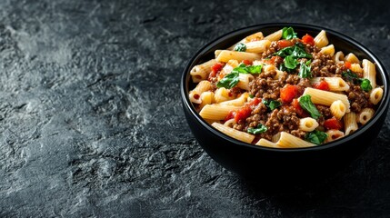 Penne pasta with minced meat tomato sauce and greens in black ceramic bowl over dark stone background with copy space Bowl of pasta bolognese Top view flat lay