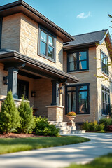 Luxury Dream Home: Modern Stone House Exterior with Landscaping