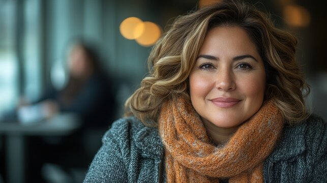 Confident woman cafe portrait, blurred background, winter