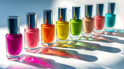 A line of nail polish bottles in vibrant colors arranged on a white surface.