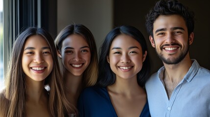 Fototapeta premium Multiracial individuals smiling warmly, radiating joy and connection in a vibrant, clean composition.