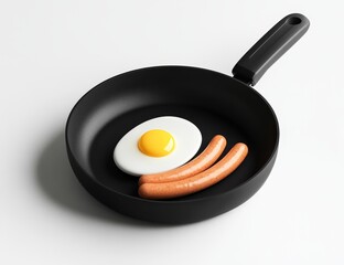 Fried egg and sausages in a black frying pan on a white background.