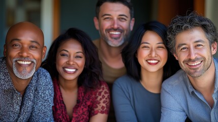 Multiracial individuals smiling warmly, radiating joy and connection in a vibrant, clean composition.