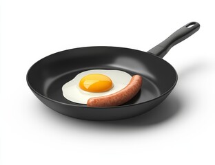 Fried egg and sausage in a black skillet.