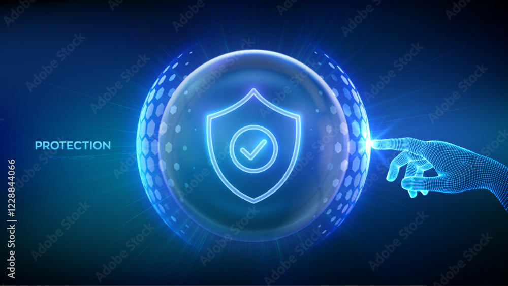Poster protection. cyber security. network safety. healthcare. insurance. hand touching protection shield w