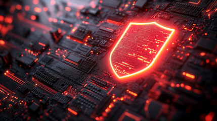 Cybersecurity concept with shield icon hologram emerging from a digital computer chip minimalistic modern style with bright tone and blurred background empty caption space