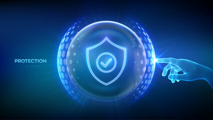 Protection. Cyber security. Network safety. Healthcare. Insurance. Hand touching Protection shield with Check mark icon inside transparent sphere shield with hexagon pattern. Vector illustration.