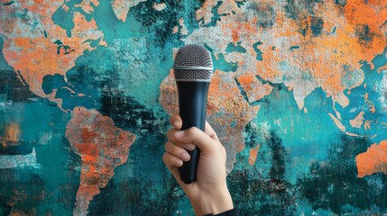 Art collage hand with microphone on world background with space for copy Concept for world news advertisement or call to action