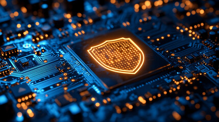 Cybersecurity concept with shield icon hologram emerging from a digital computer chip minimalistic modern style with bright tone and blurred background empty caption space
